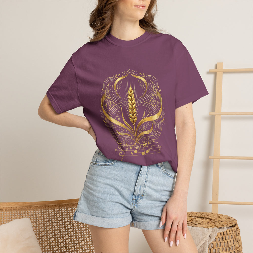 Model wearing the plum Prayer for Ukraine tee by Palimpsest