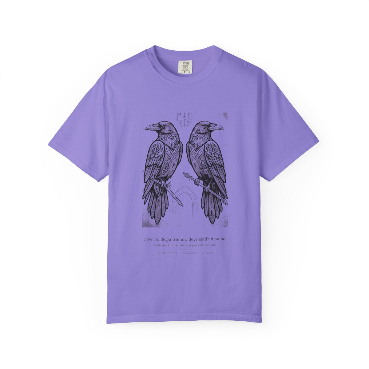 Hávamál tee by Palimpsest — two woodcut ravens above 'cattle die, kinsmen die' in Old Norse, on a violet garment-dyed shirt