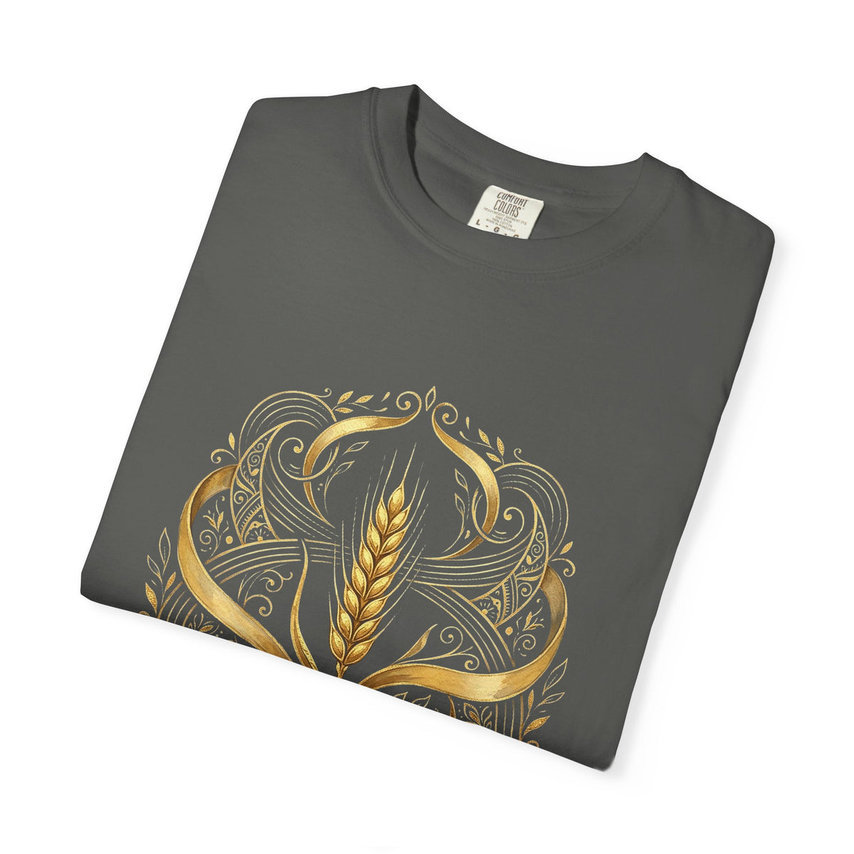 Folded charcoal Prayer for Ukraine tee showing the front print