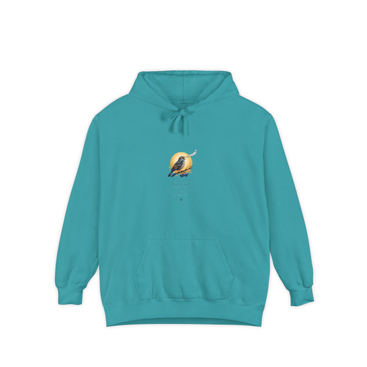 Chary Nochi hoodie by Palimpsest — a nightingale perched against a gold moon, shown flat in jade green