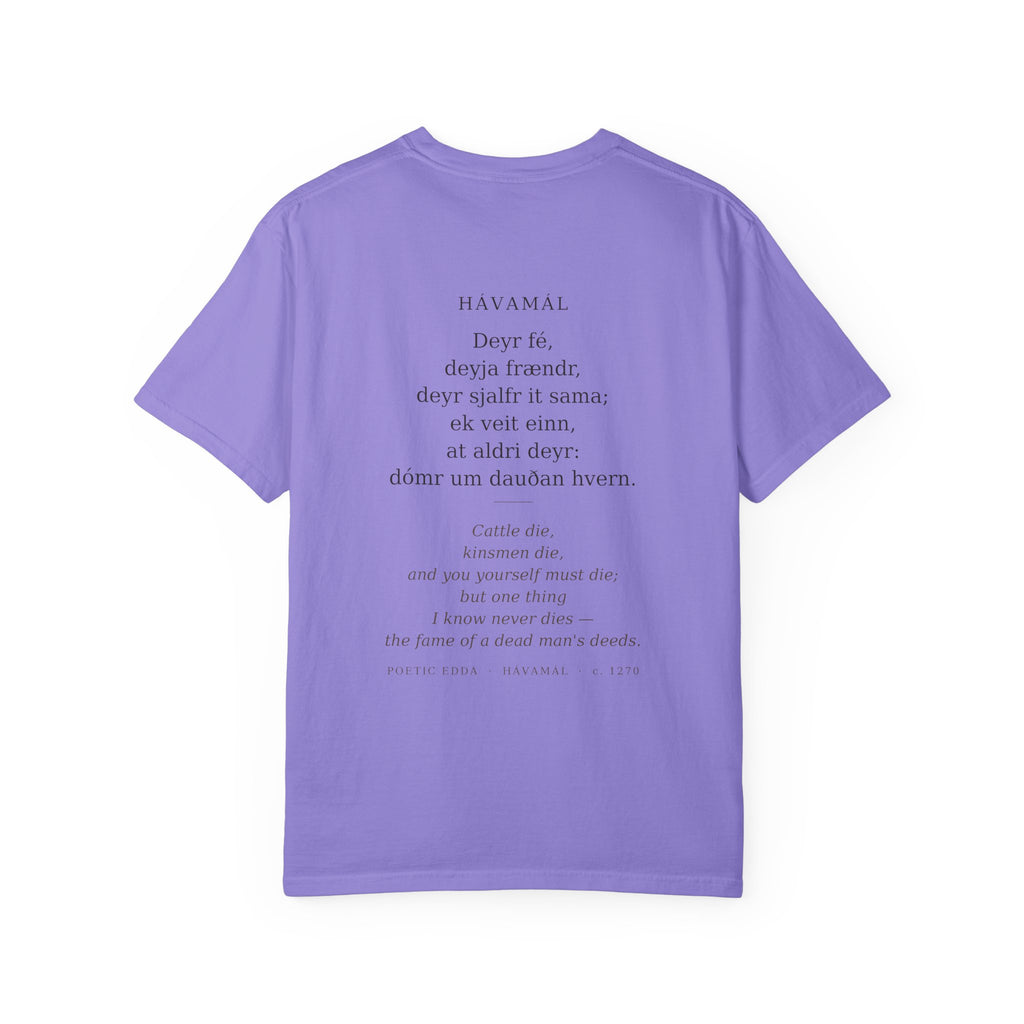 Back of the violet Hávamál tee — the full Hávamál verse in Old Norse with its English translation