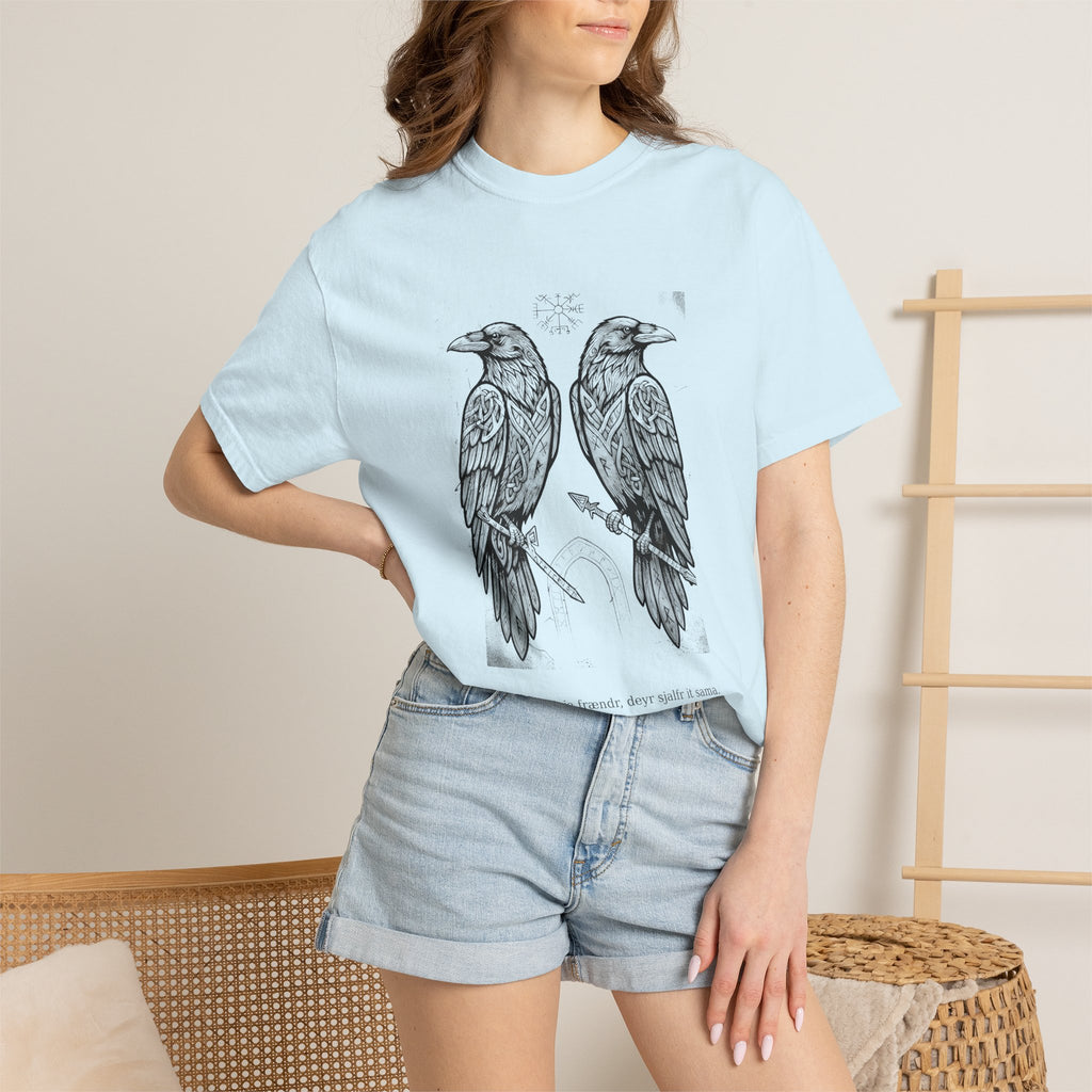 Model wearing the pale blue Hávamál tee by Palimpsest