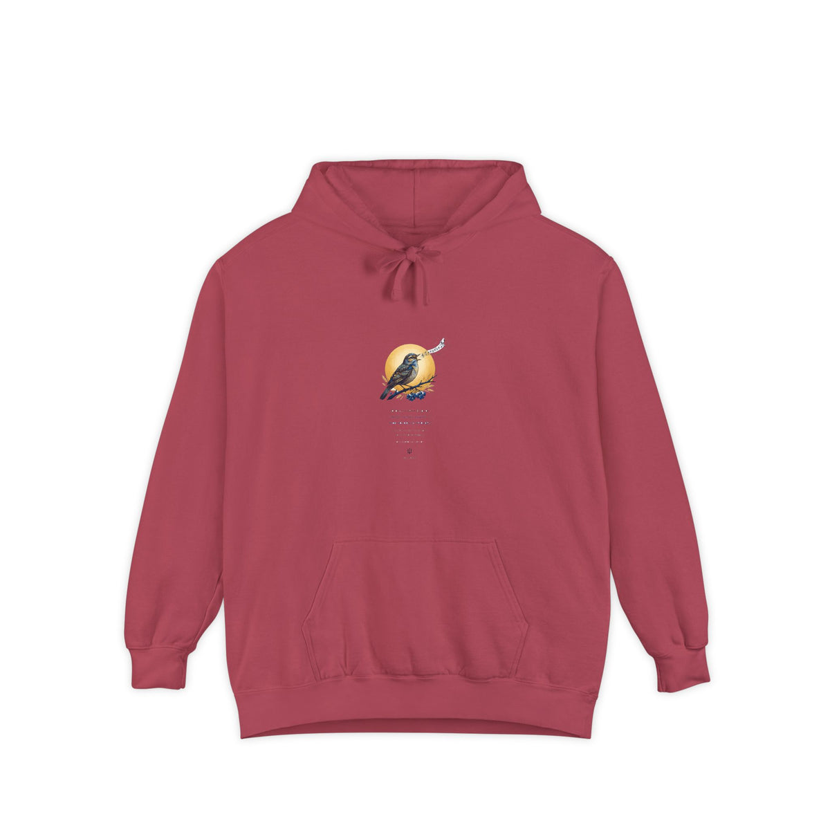 Chary Nochi hoodie by Palimpsest — a nightingale perched against a gold moon, shown flat in cardinal red