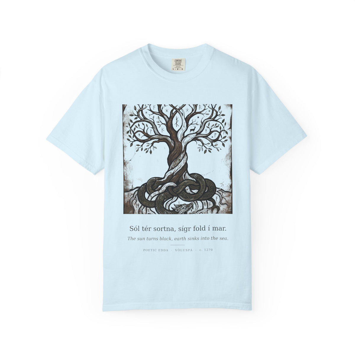 Völuspá tee by Palimpsest — a woodcut Yggdrasil above 'the sun turns black' in Old Norse, on a pale blue shirt