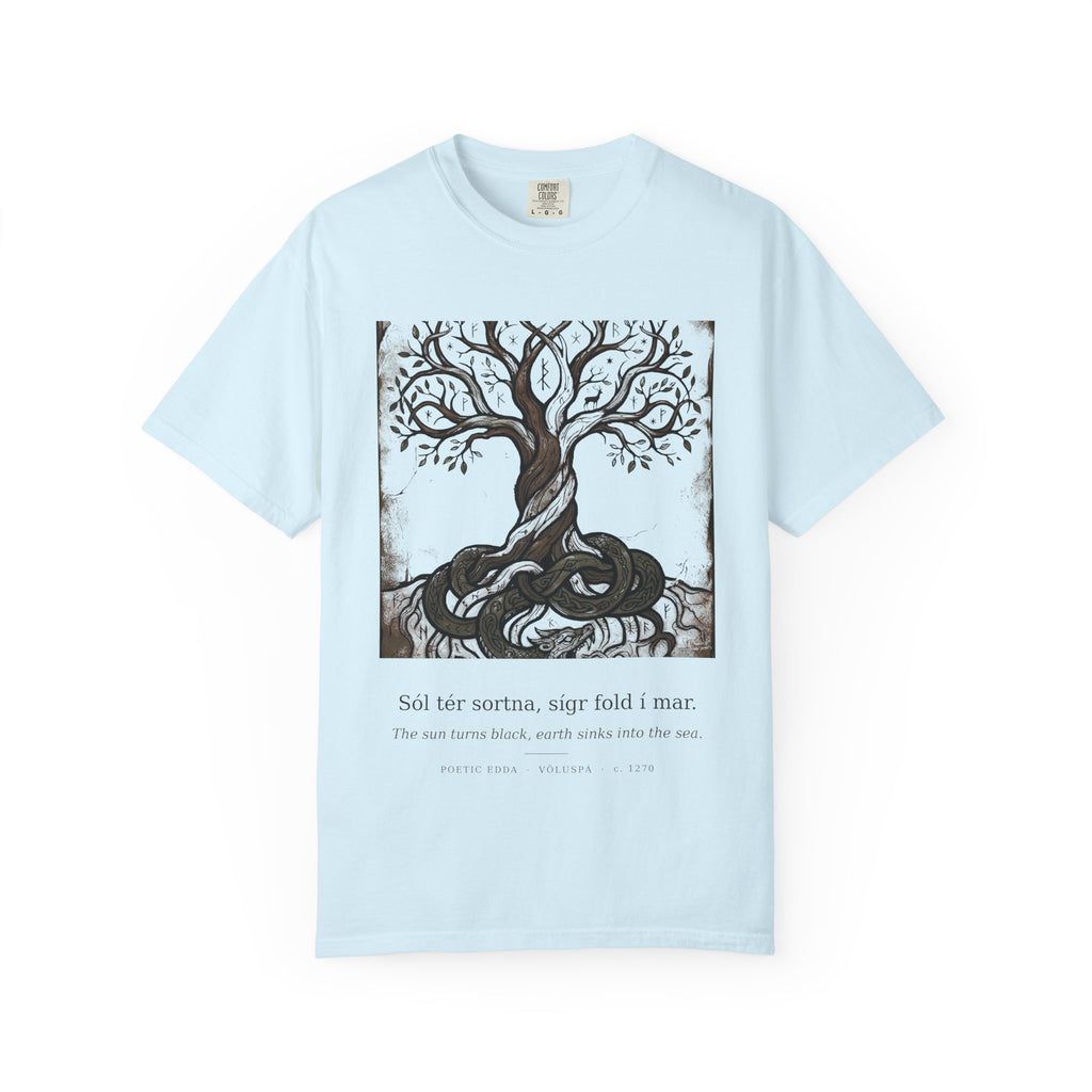 Völuspá tee by Palimpsest — a woodcut Yggdrasil above 'the sun turns black' in Old Norse, on a pale blue shirt