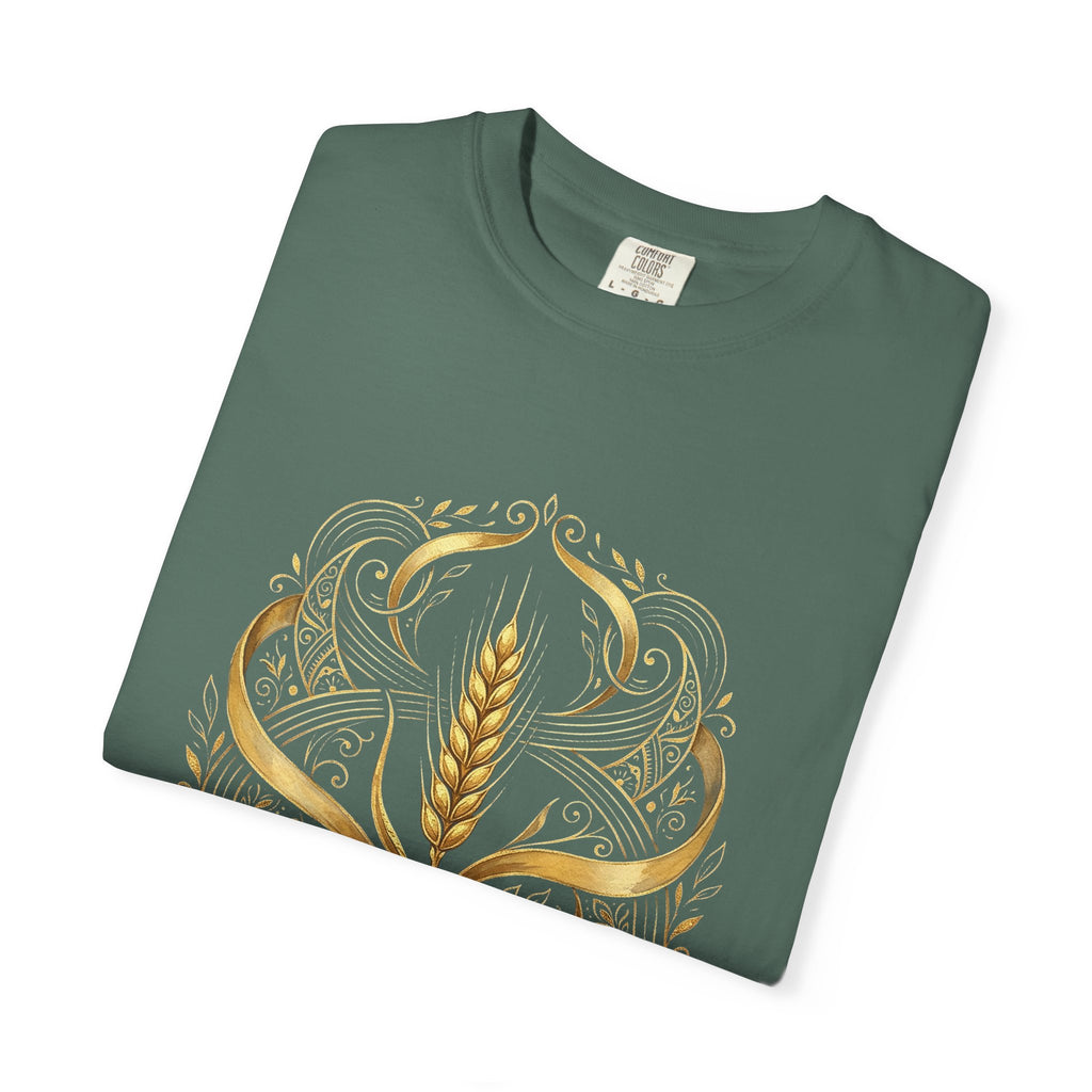 Folded forest green Prayer for Ukraine tee showing the front print