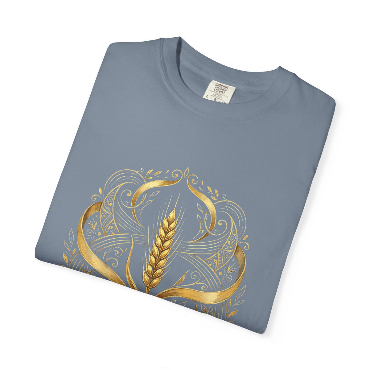 Folded denim blue Prayer for Ukraine tee showing the front print