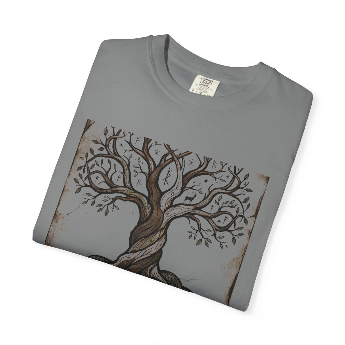 Folded grey Völuspá tee showing the woodcut Yggdrasil print