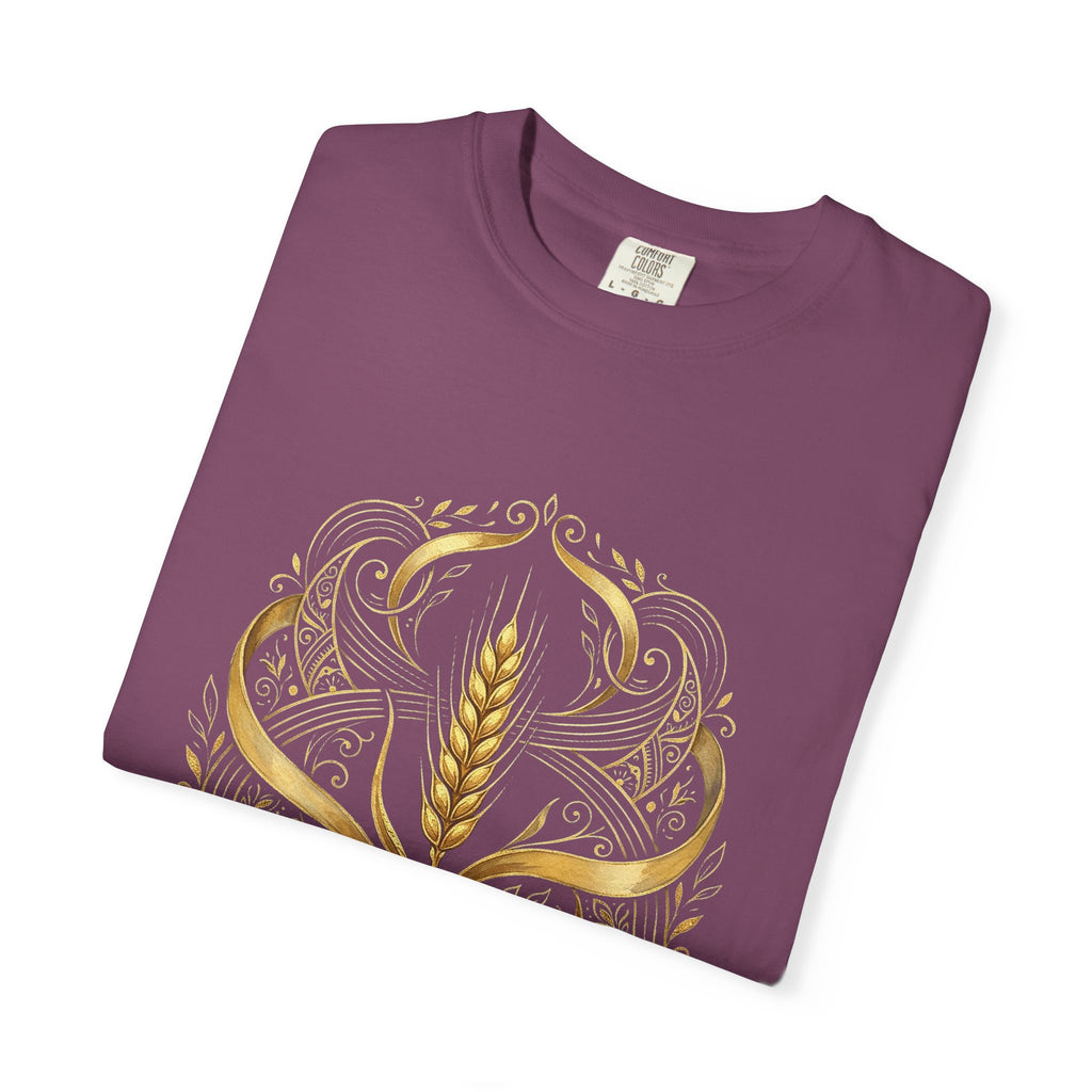 Folded plum Prayer for Ukraine tee showing the front print