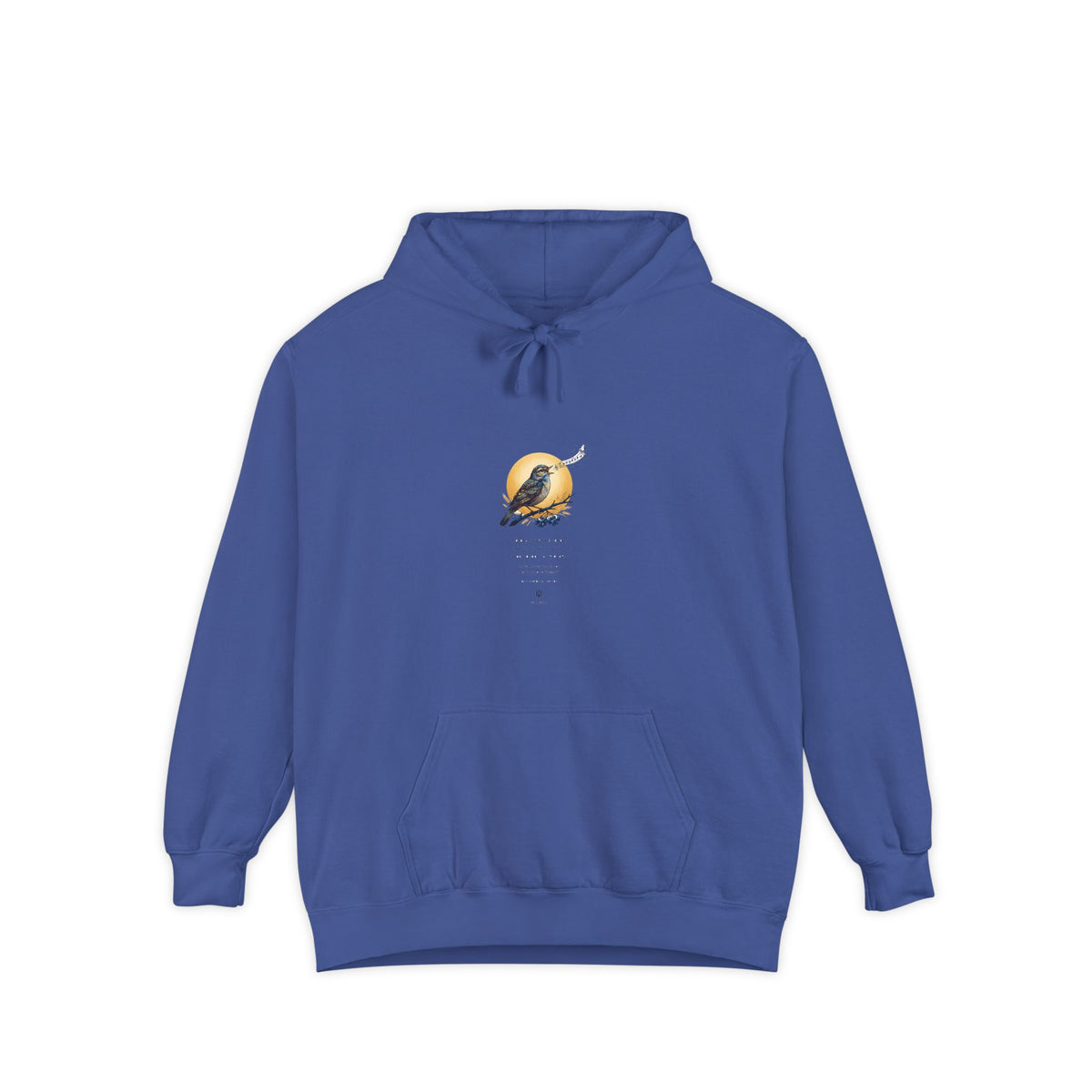 Chary Nochi hoodie by Palimpsest — a nightingale perched against a gold moon, shown flat in royal blue