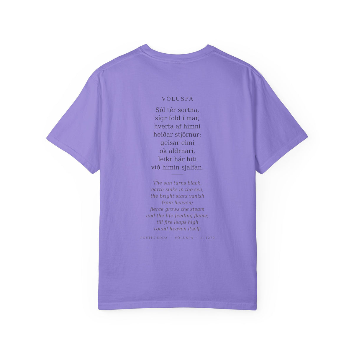 Back of the violet Völuspá tee — the full verse in Old Norse with its English translation