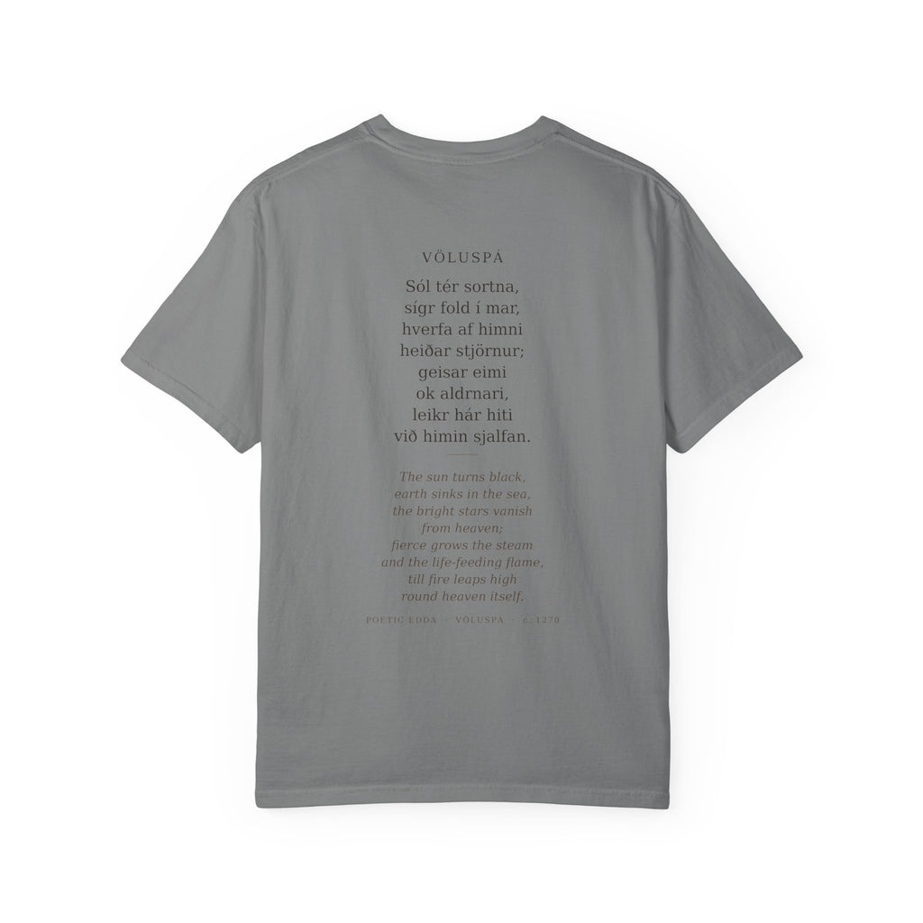 Back of the grey Völuspá tee — the full verse in Old Norse with its English translation