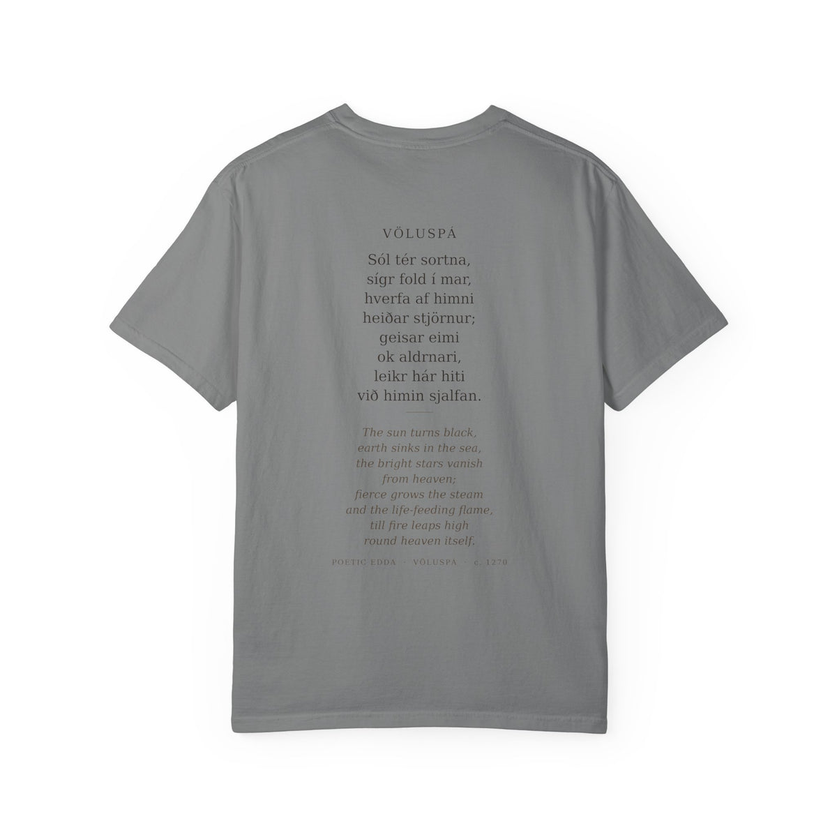 Back of the grey Völuspá tee — the full verse in Old Norse with its English translation