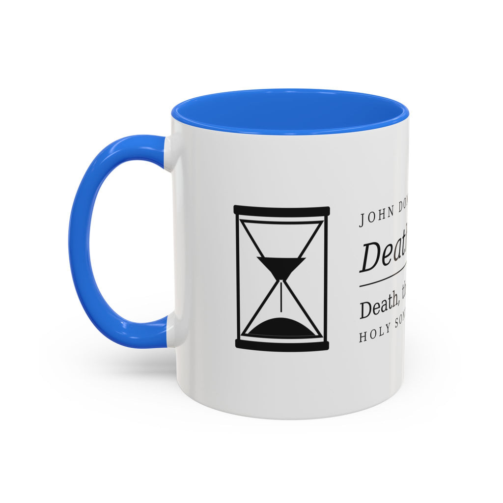 Death Be Not Proud mug, blue handle — the engraved hourglass on the reverse