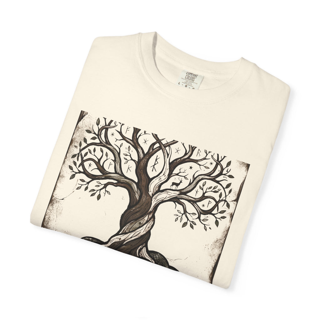 Folded ivory Völuspá tee showing the woodcut Yggdrasil print