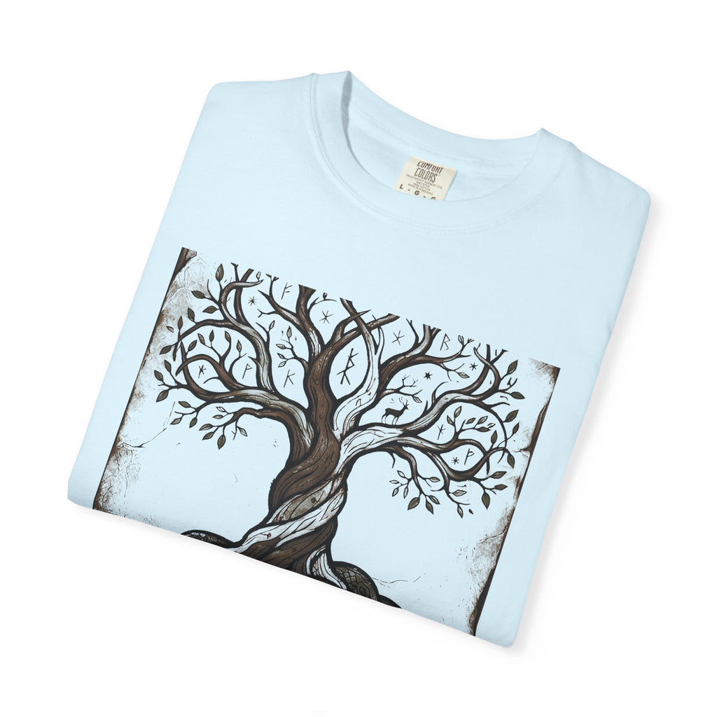 Folded pale blue Völuspá tee showing the woodcut Yggdrasil print