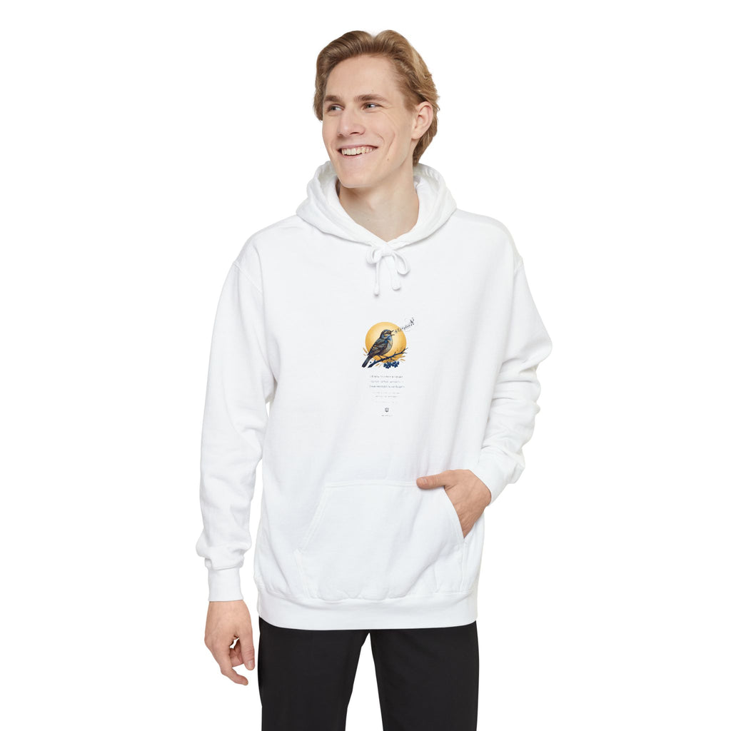 Man wearing the white Chary Nochi hoodie by Palimpsest