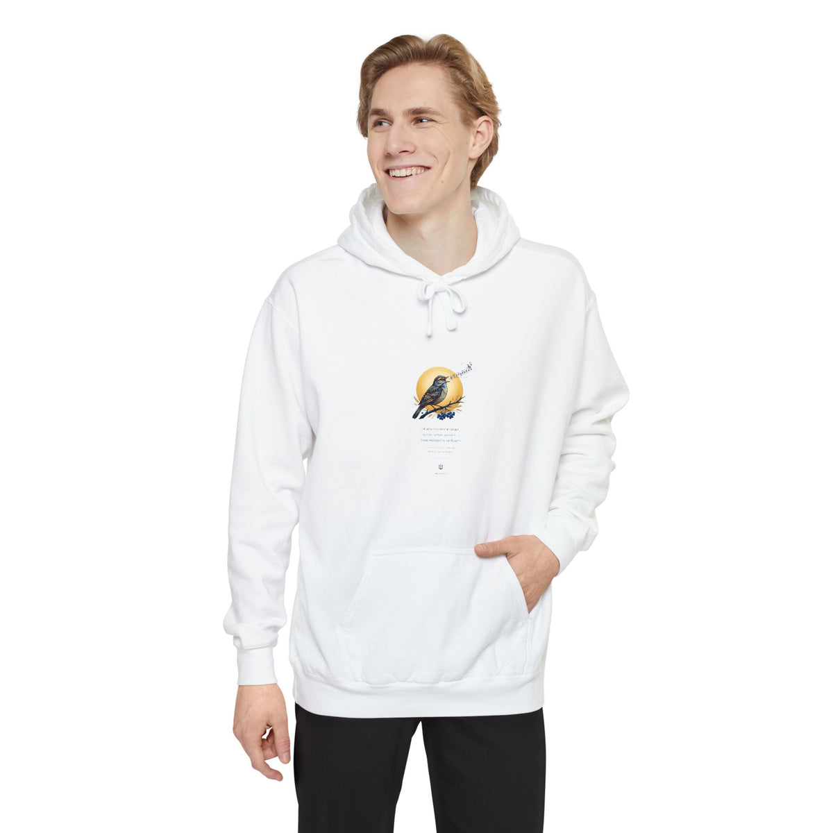 Man wearing the white Chary Nochi hoodie by Palimpsest