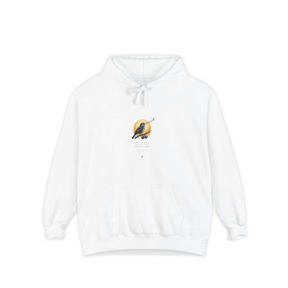 Chary Nochi hoodie by Palimpsest — a nightingale perched against a gold moon, shown flat in white