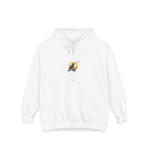 Chary Nochi hoodie by Palimpsest — a nightingale perched against a gold moon, shown flat in white