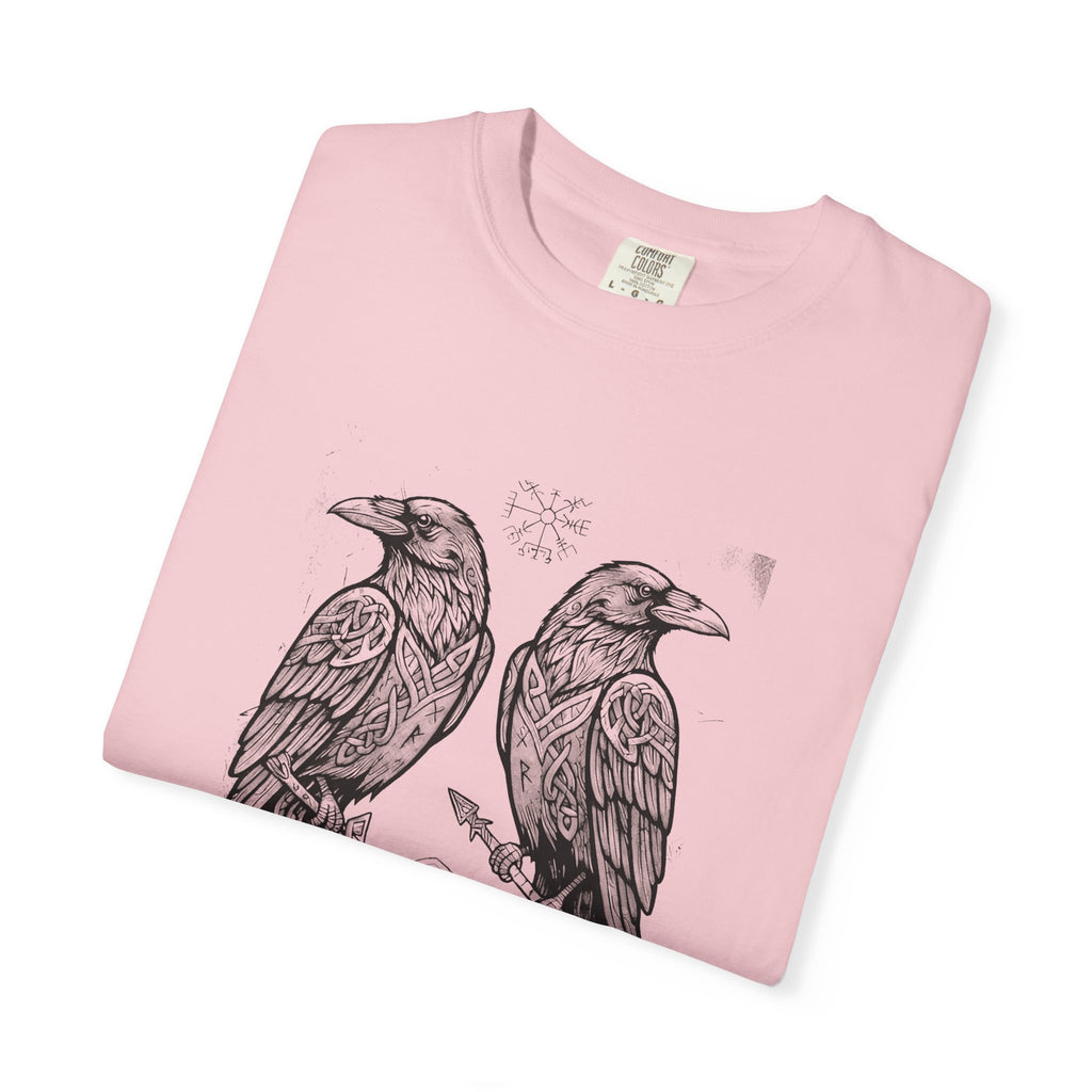 Folded blossom pink Hávamál tee showing the woodcut raven print