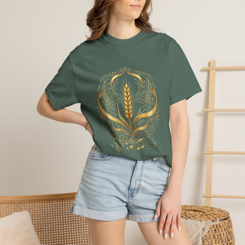 Model wearing the forest green Prayer for Ukraine tee by Palimpsest