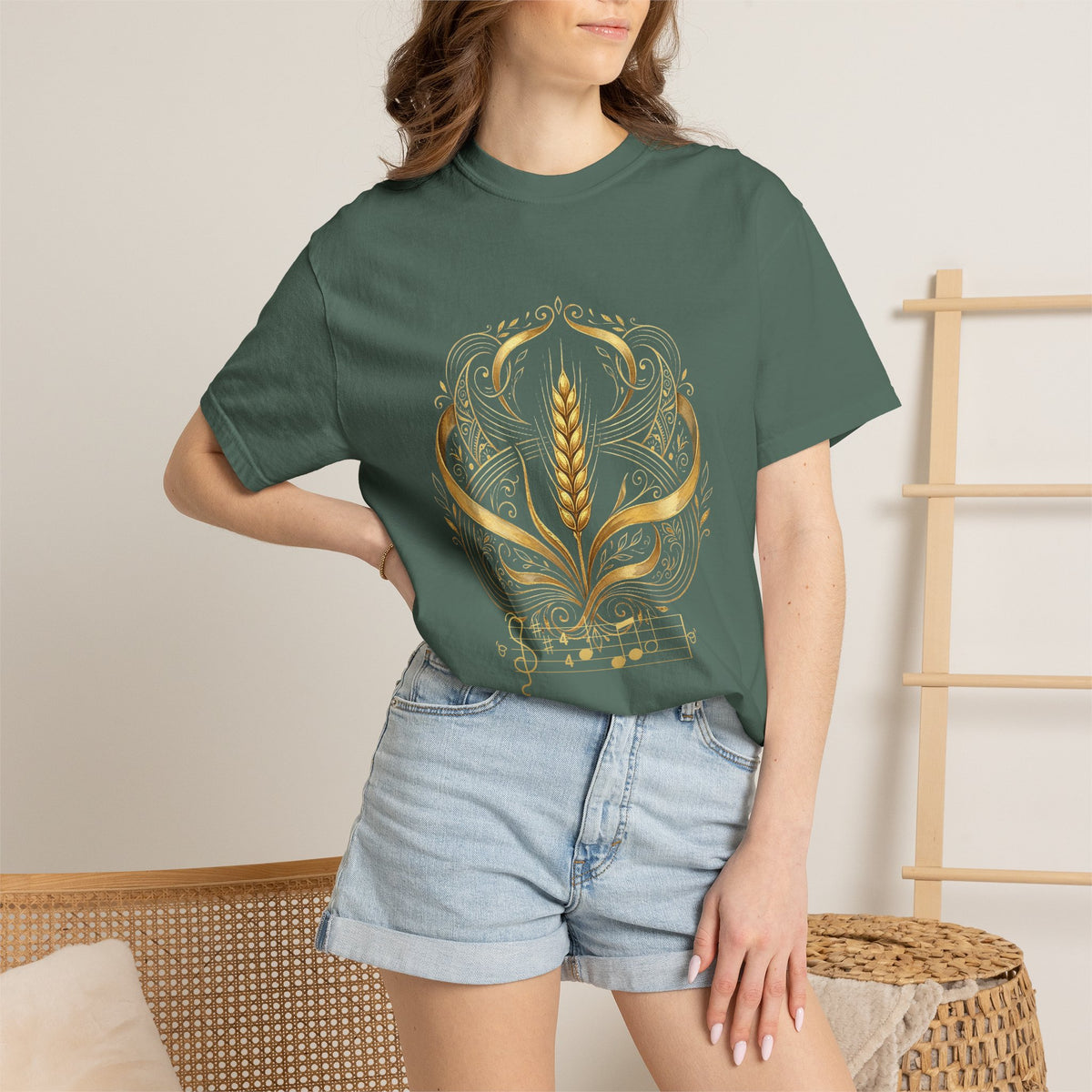 Model wearing the forest green Prayer for Ukraine tee by Palimpsest