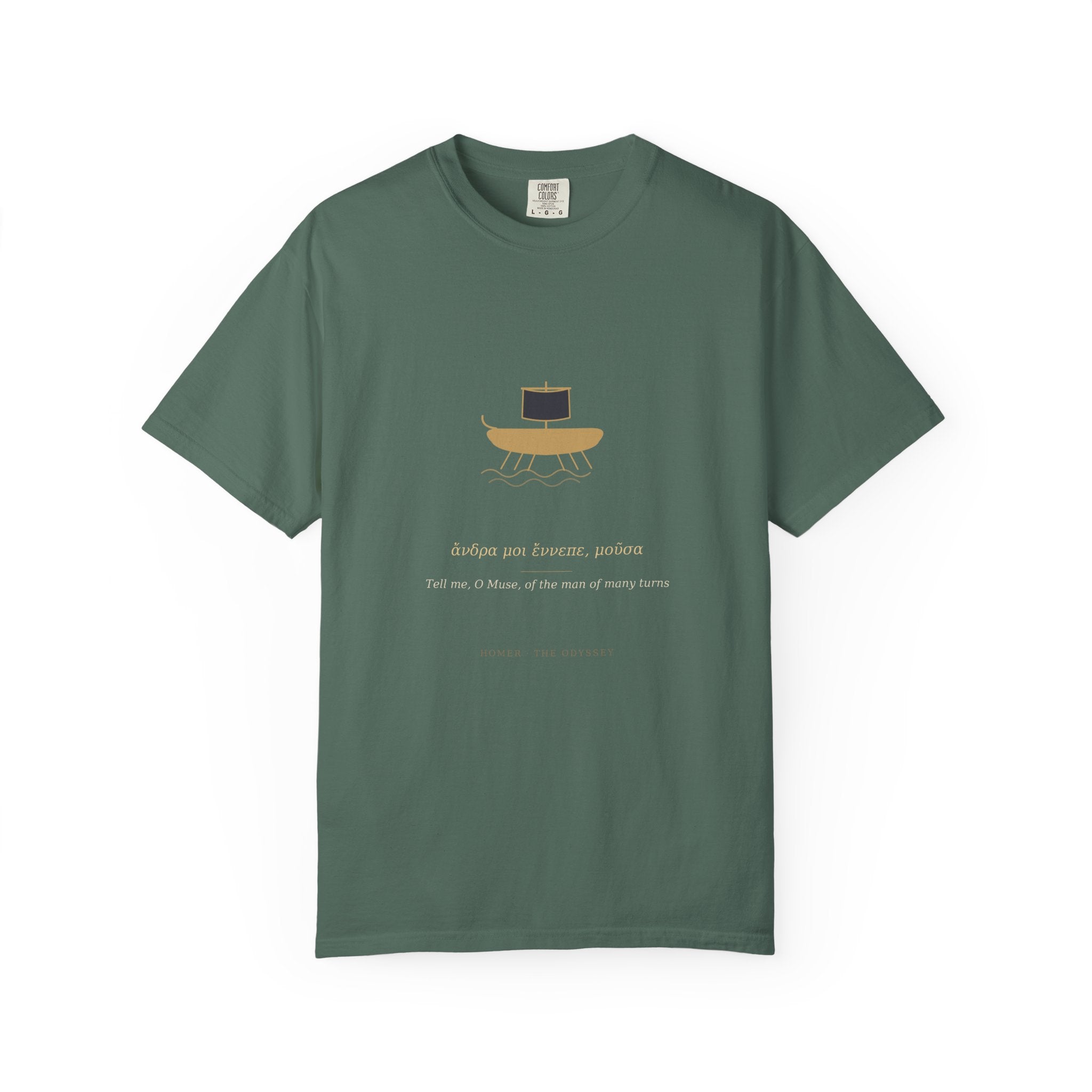 Odyssey t-shirt detail — Greek ship and Homer's opening line print