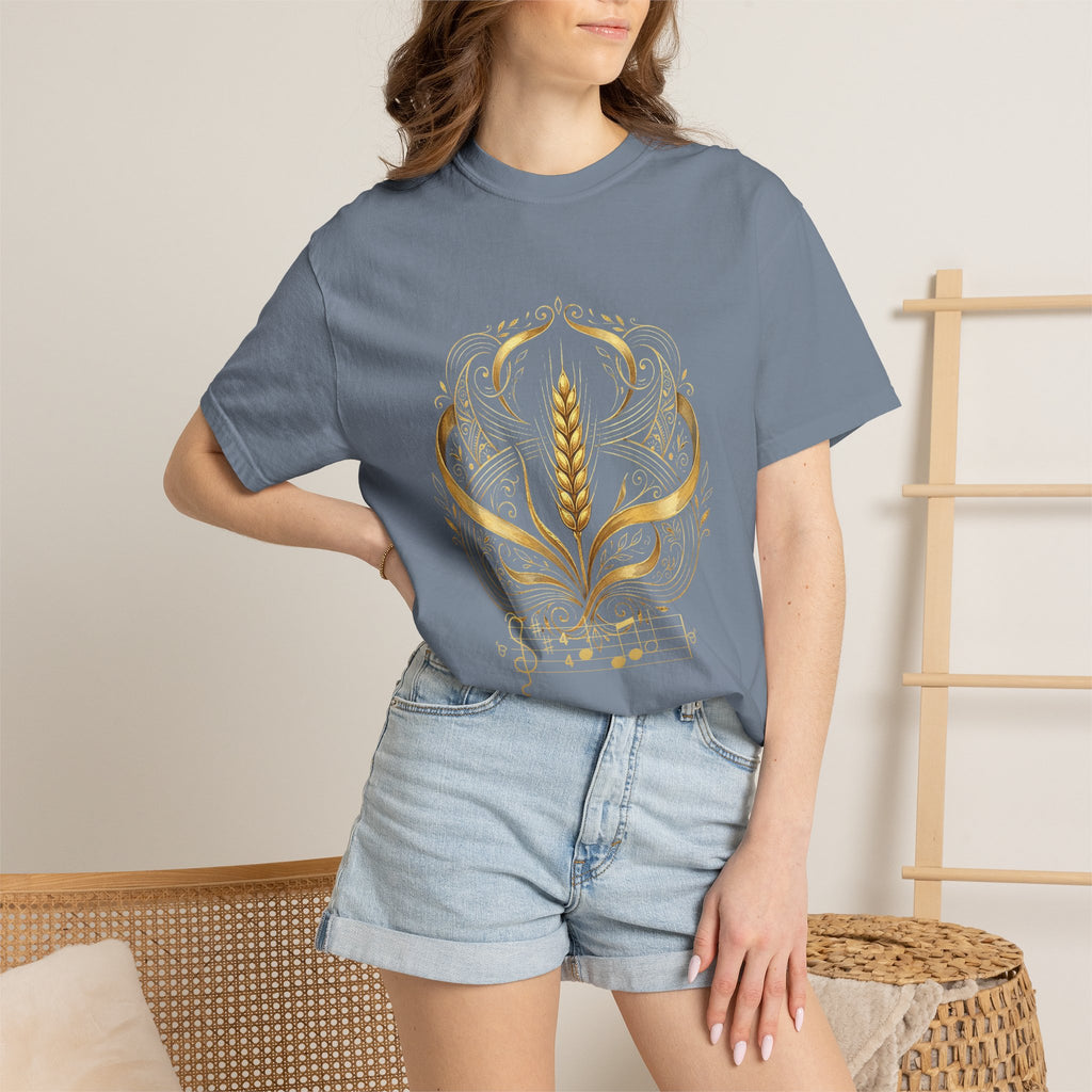 Model wearing the denim blue Prayer for Ukraine tee by Palimpsest