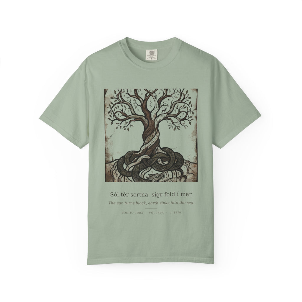 Völuspá tee by Palimpsest — a woodcut Yggdrasil above 'the sun turns black' in Old Norse, on a sage green shirt