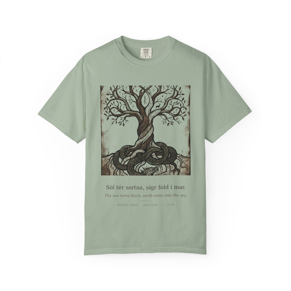 Völuspá tee by Palimpsest — a woodcut Yggdrasil above 'the sun turns black' in Old Norse, on a sage green shirt