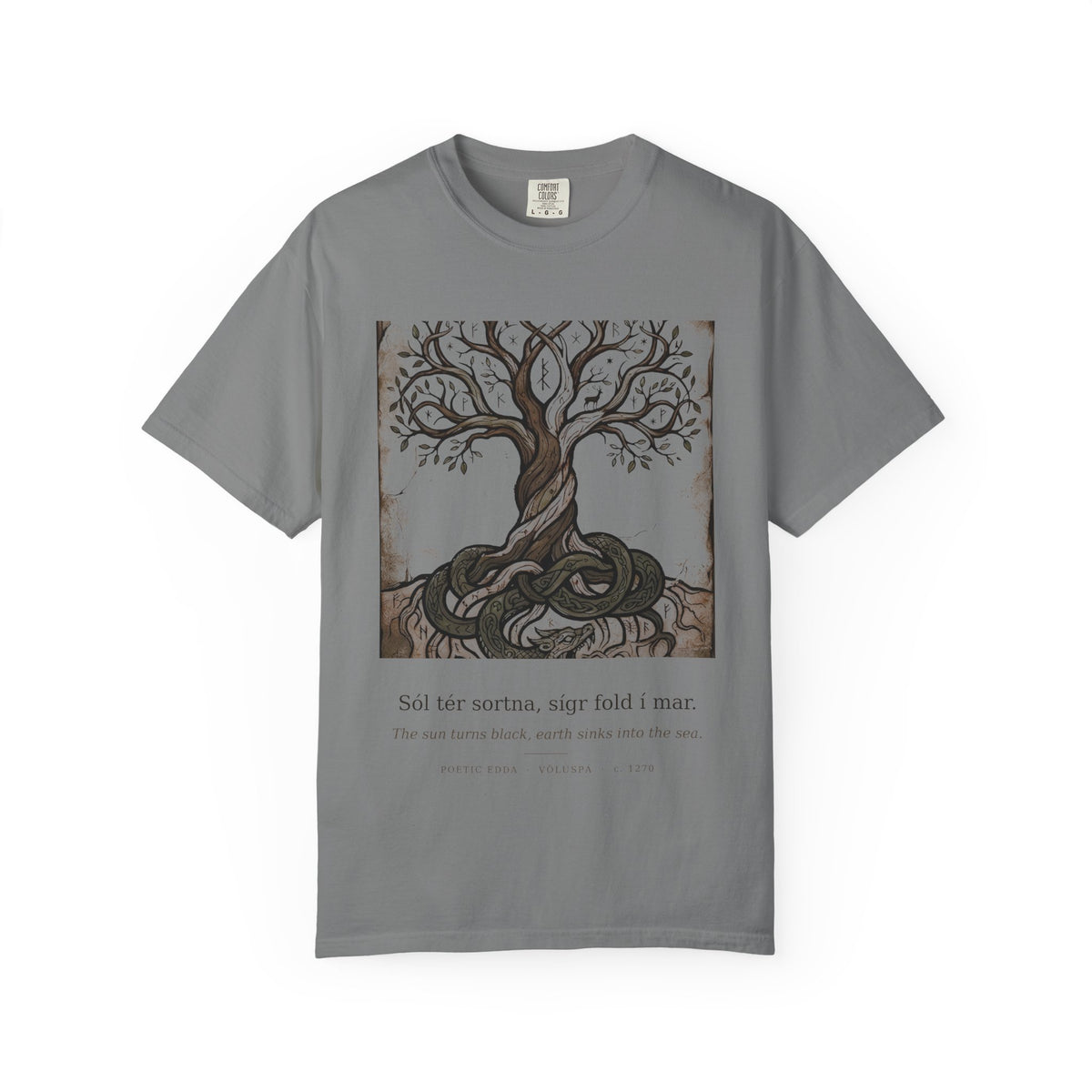 Völuspá tee by Palimpsest — a woodcut Yggdrasil above 'the sun turns black' in Old Norse, on a grey shirt