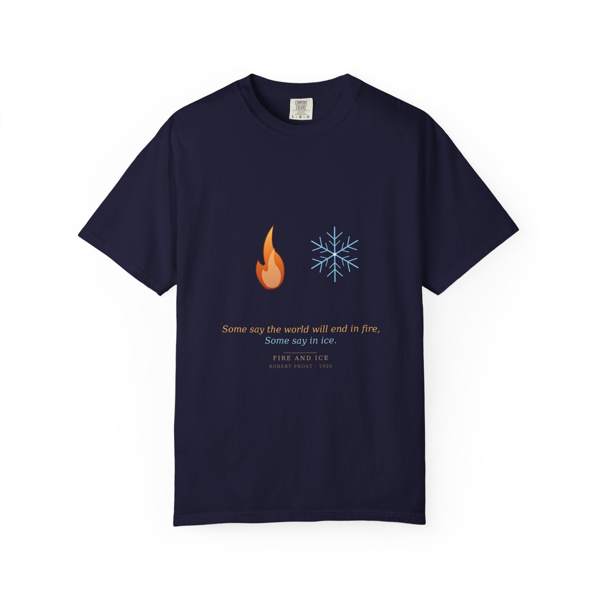 Fire and Ice t-shirt detail — flame and snowflake Frost poem print