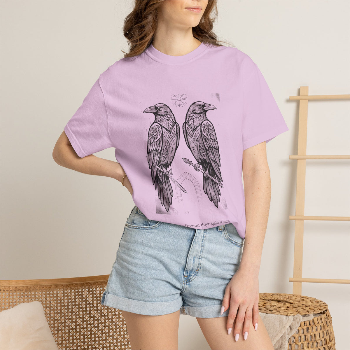Model wearing the orchid Hávamál tee by Palimpsest