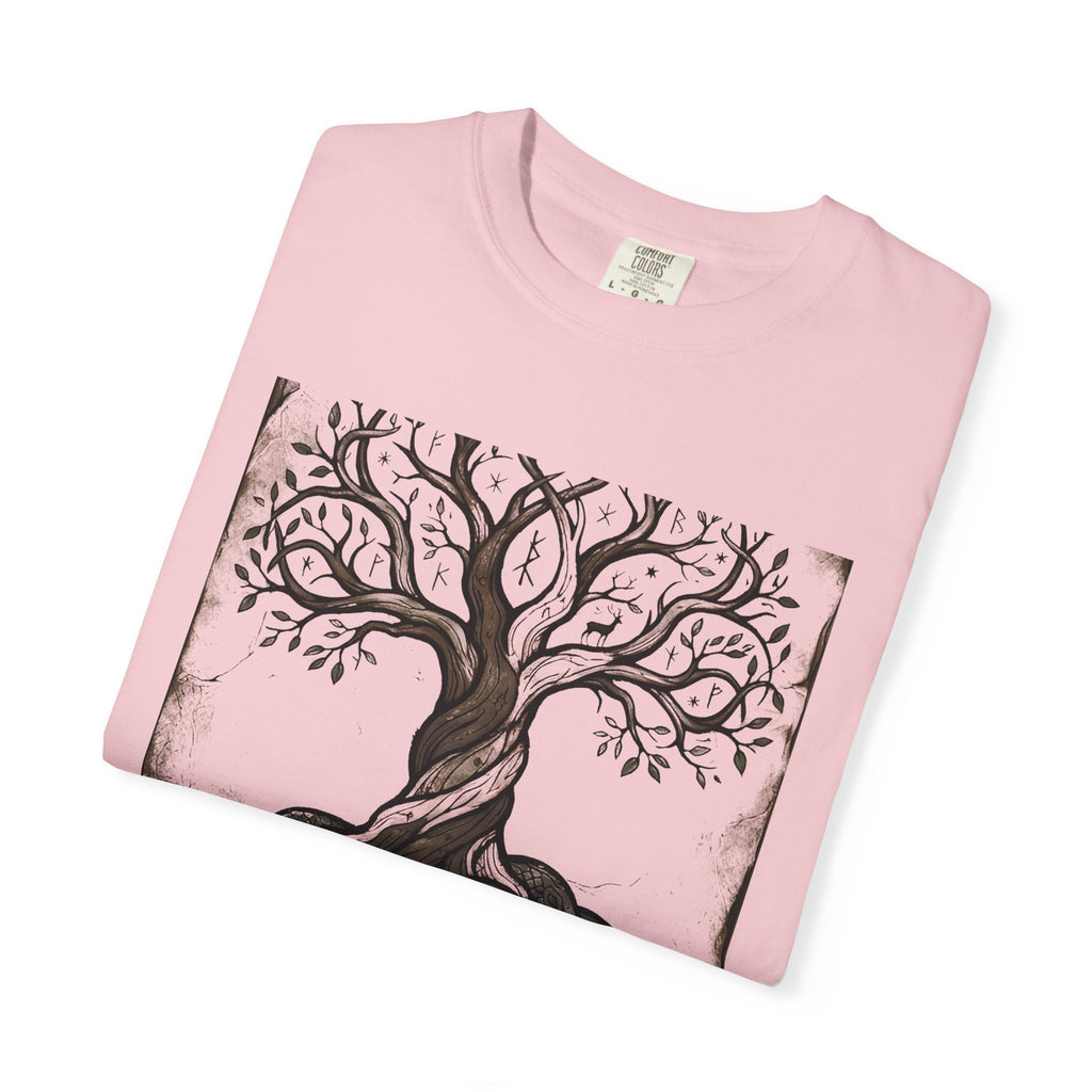 Folded blossom pink Völuspá tee showing the woodcut Yggdrasil print