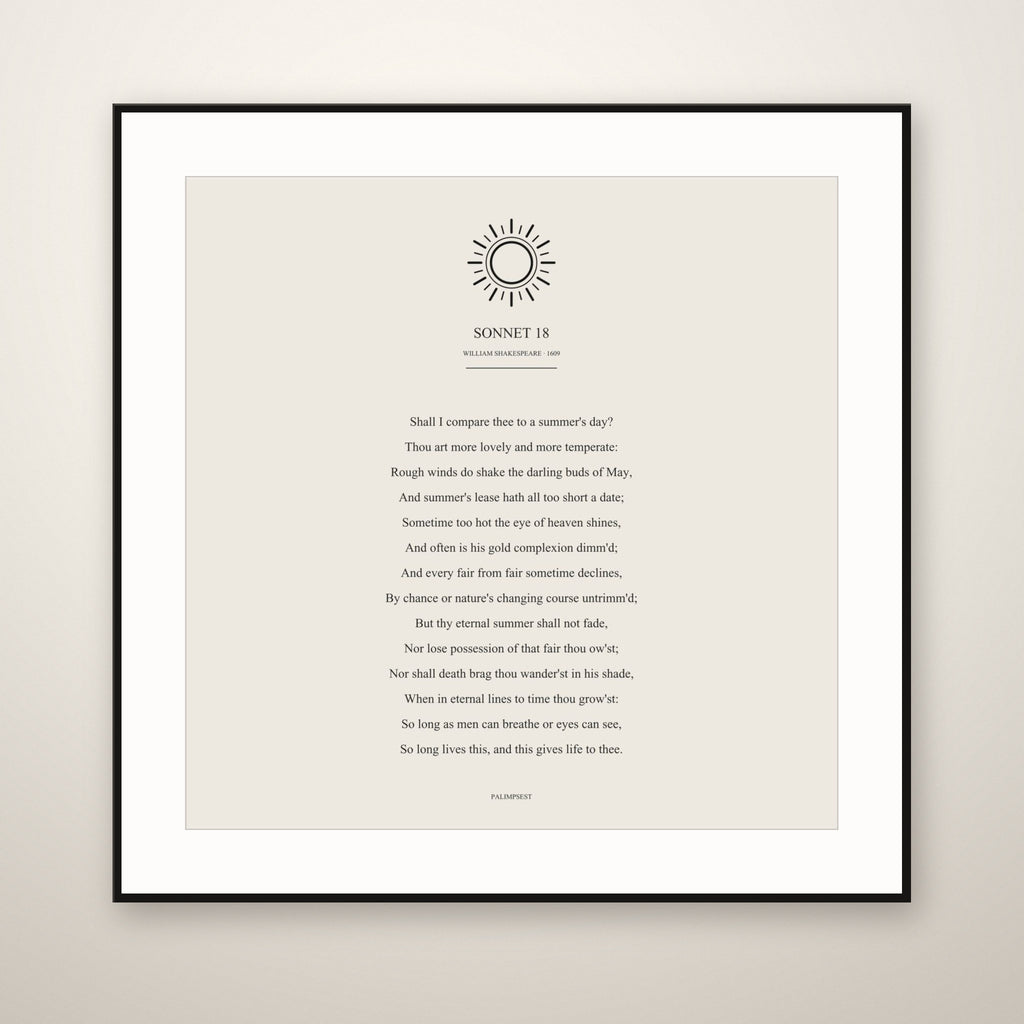 Shakespeare Sonnet 18 poem print in a thin black frame with a white mat, hung on a warm plaster wall